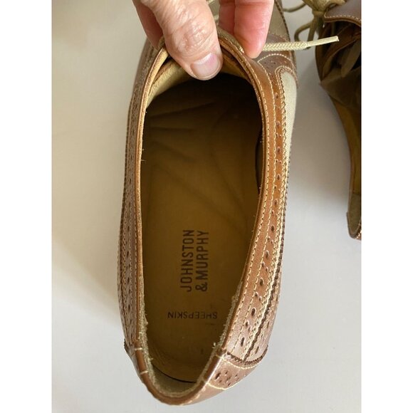 Johnston & Murphy Garner Wingtip Shoes Men Sz 11 Brown Tan Leather Linen Oxford - Picture 7 of 15